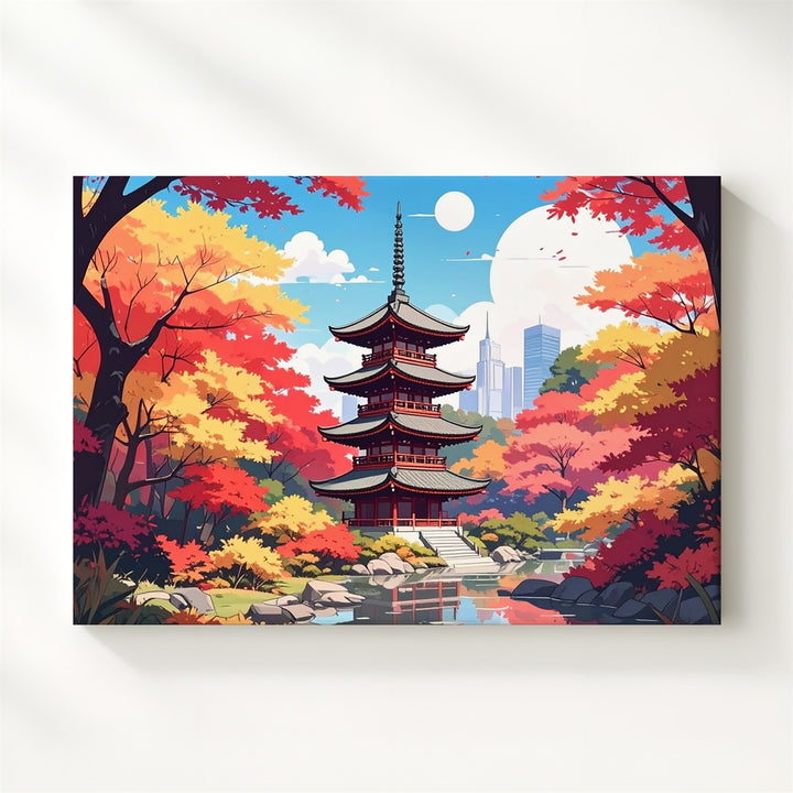 Autumn Pagoda Reflection Canvas – Colorful Japanese Fall Landscape Art - Gifitto