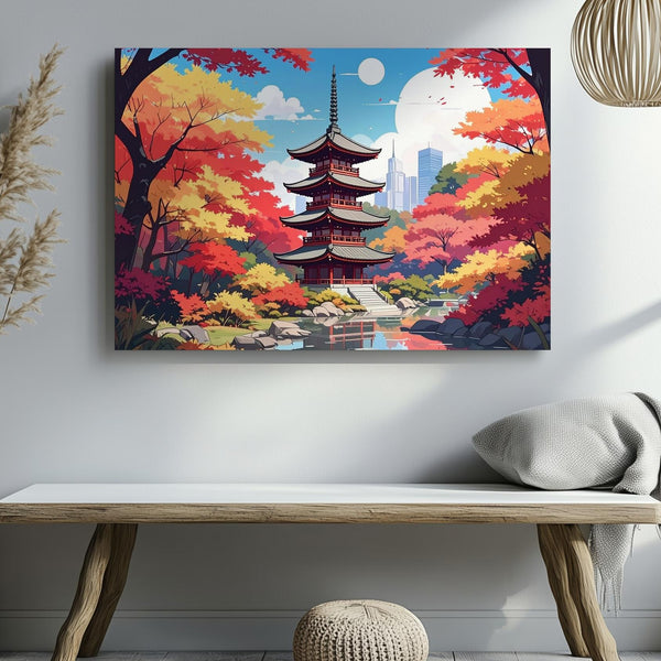 Autumn Pagoda Reflection Canvas – Colorful Japanese Fall Landscape Art - Gifitto