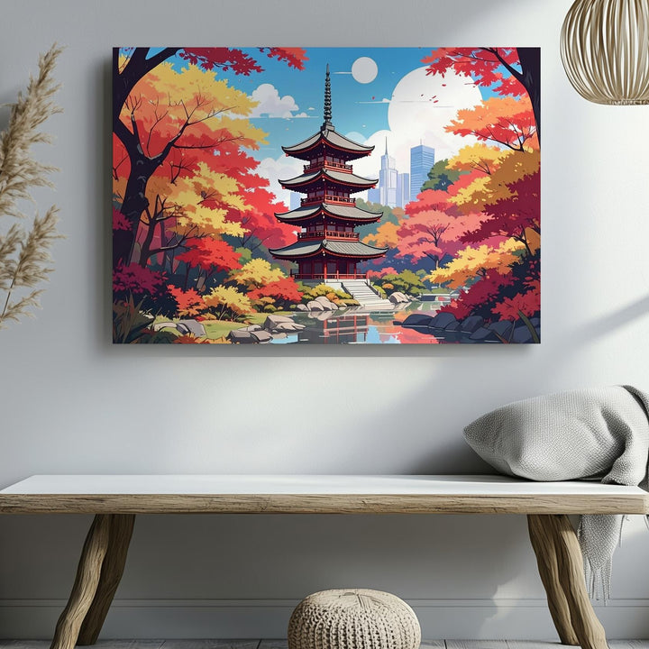 Autumn Pagoda Reflection Canvas – Colorful Japanese Fall Landscape Art - Gifitto
