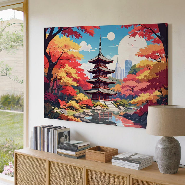 Autumn Pagoda Reflection Canvas – Colorful Japanese Fall Landscape Art - Gifitto