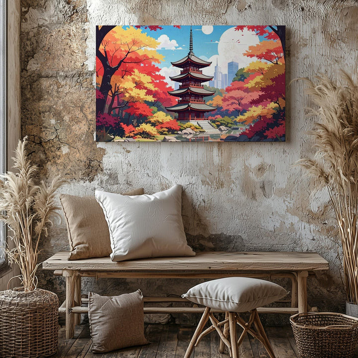 Autumn Pagoda Reflection Canvas – Colorful Japanese Fall Landscape Art - Gifitto