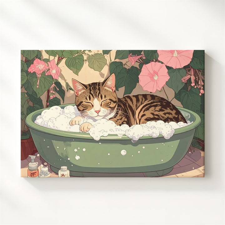 Tabby Cat Bubble Bath Canvas – Whimsical Japanese Floral Spa Scene - Gifitto