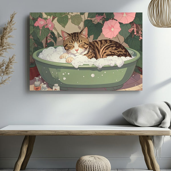 Tabby Cat Bubble Bath Canvas – Whimsical Japanese Floral Spa Scene - Gifitto