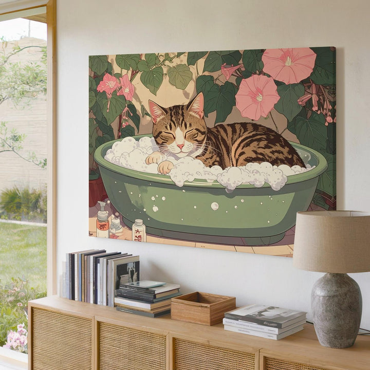 Tabby Cat Bubble Bath Canvas – Whimsical Japanese Floral Spa Scene - Gifitto