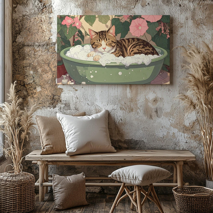 Tabby Cat Bubble Bath Canvas – Whimsical Japanese Floral Spa Scene - Gifitto