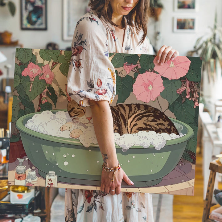 Tabby Cat Bubble Bath Canvas – Whimsical Japanese Floral Spa Scene - Gifitto