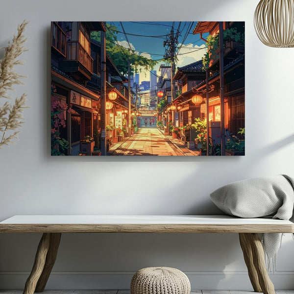 Twilight Lantern Street Canvas – Vibrant Japanese Urban Neighborhood Art - Gifitto