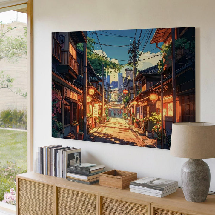 Twilight Lantern Street Canvas – Vibrant Japanese Urban Neighborhood Art - Gifitto