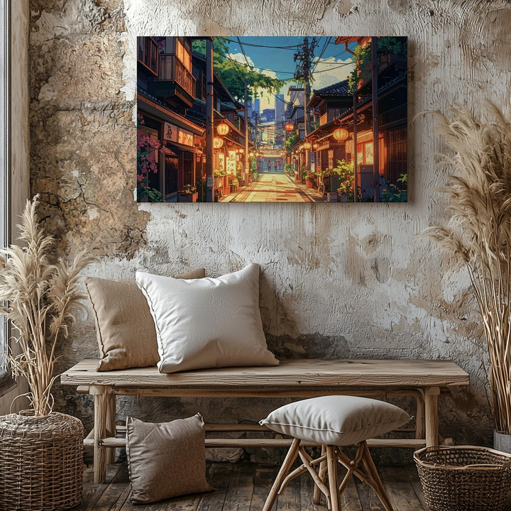 Twilight Lantern Street Canvas – Vibrant Japanese Urban Neighborhood Art - Gifitto