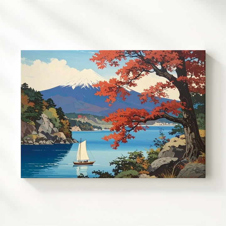 Maple & Sailboat Lake Canvas – Tranquil Japanese Woodblock Landscape Art - Gifitto