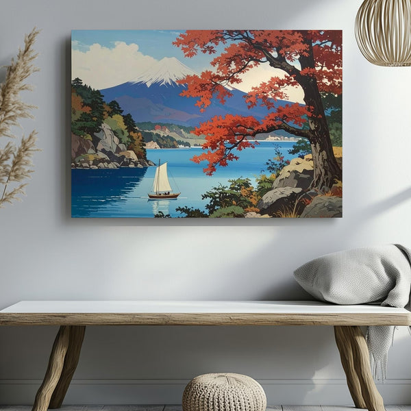 Maple & Sailboat Lake Canvas – Tranquil Japanese Woodblock Landscape Art - Gifitto