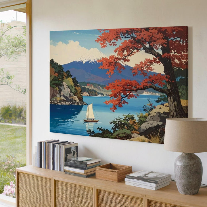 Maple & Sailboat Lake Canvas – Tranquil Japanese Woodblock Landscape Art - Gifitto