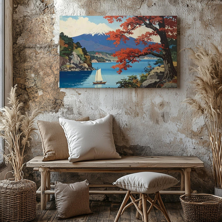 Maple & Sailboat Lake Canvas – Tranquil Japanese Woodblock Landscape Art - Gifitto
