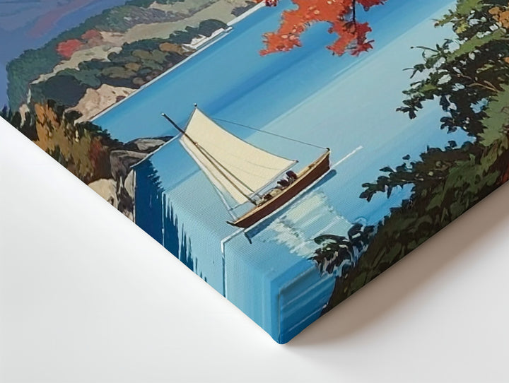 Maple & Sailboat Lake Canvas – Tranquil Japanese Woodblock Landscape Art - Gifitto