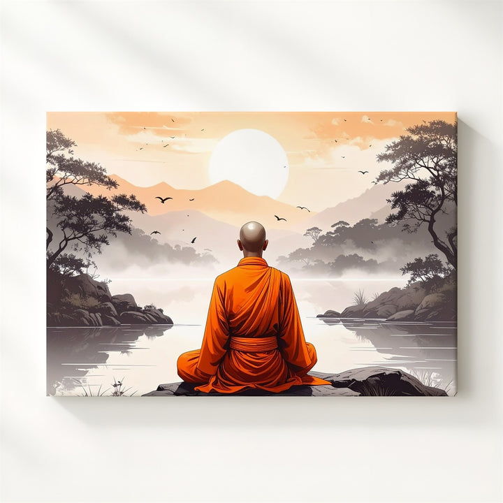 Meditating Monk Canvas – Minimalist Japanese Spiritual Serenity Art - Gifitto