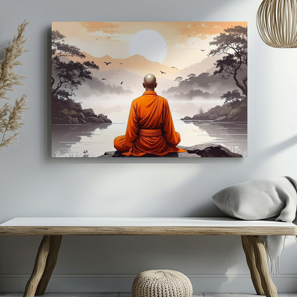 Meditating Monk Canvas – Minimalist Japanese Spiritual Serenity Art - Gifitto
