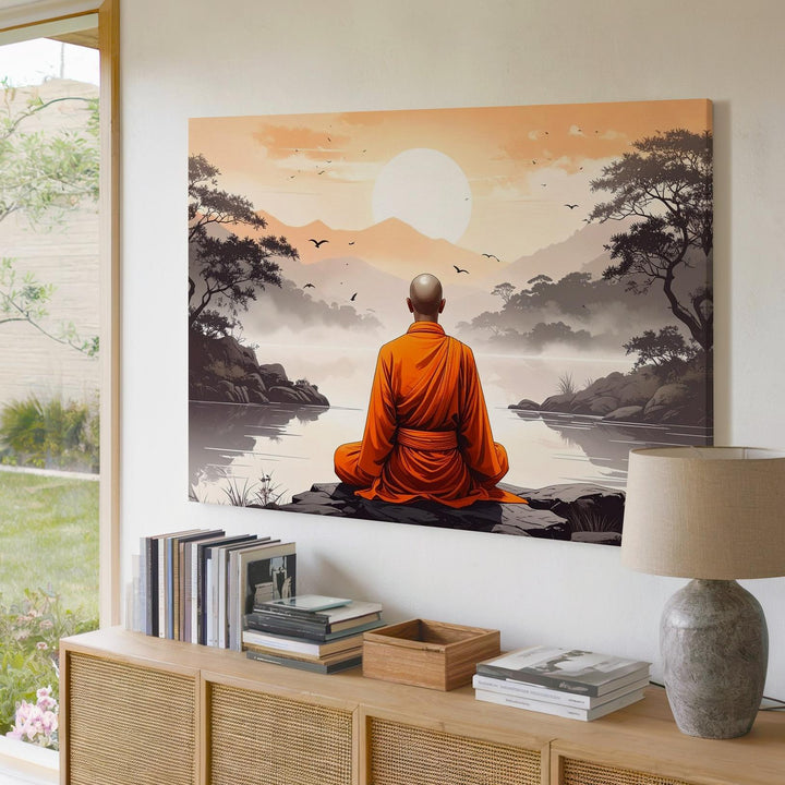 Meditating Monk Canvas – Minimalist Japanese Spiritual Serenity Art - Gifitto