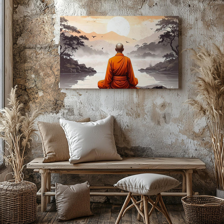 Meditating Monk Canvas – Minimalist Japanese Spiritual Serenity Art - Gifitto