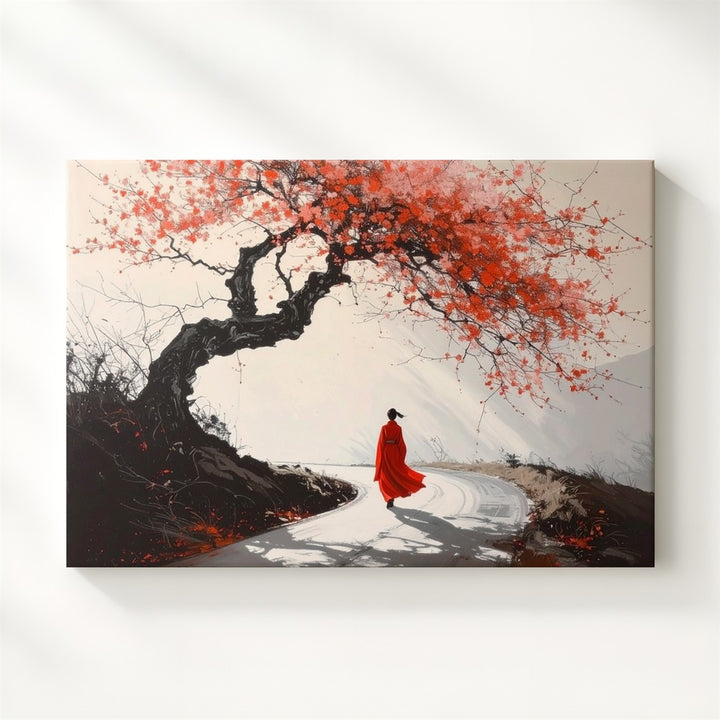 Red Robe Journey Canvas – Minimalist Japanese Sumi-e Path & Blossom Art - Gifitto