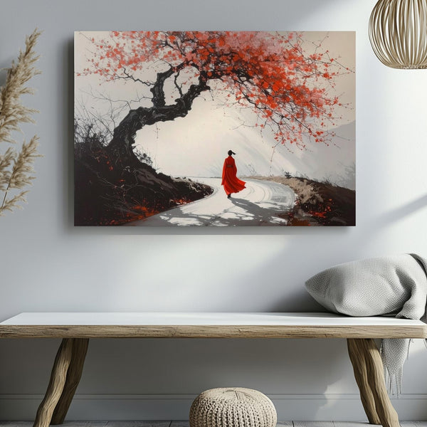 Red Robe Journey Canvas – Minimalist Japanese Sumi-e Path & Blossom Art - Gifitto