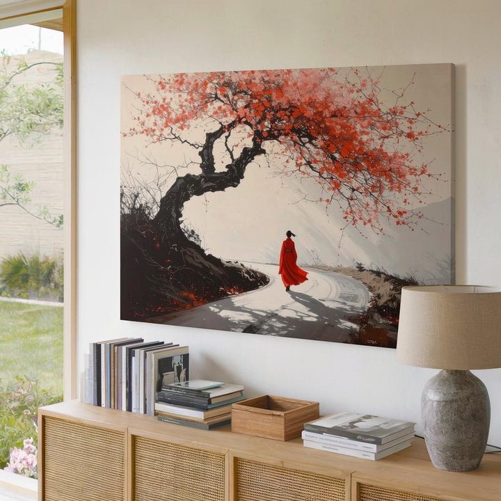 Red Robe Journey Canvas – Minimalist Japanese Sumi-e Path & Blossom Art - Gifitto