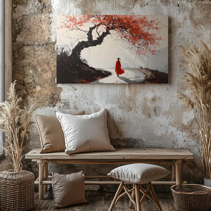 Red Robe Journey Canvas – Minimalist Japanese Sumi-e Path & Blossom Art - Gifitto