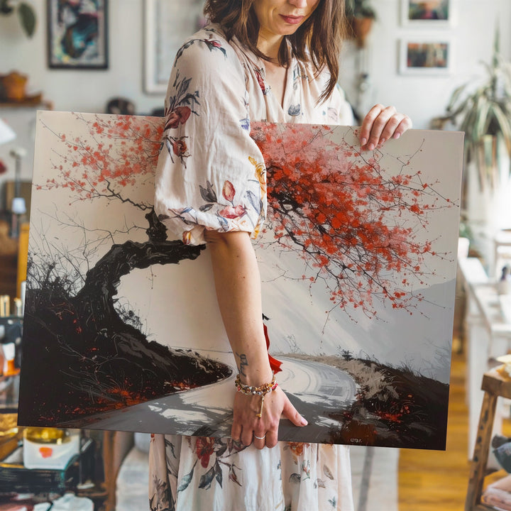 Red Robe Journey Canvas – Minimalist Japanese Sumi-e Path & Blossom Art - Gifitto