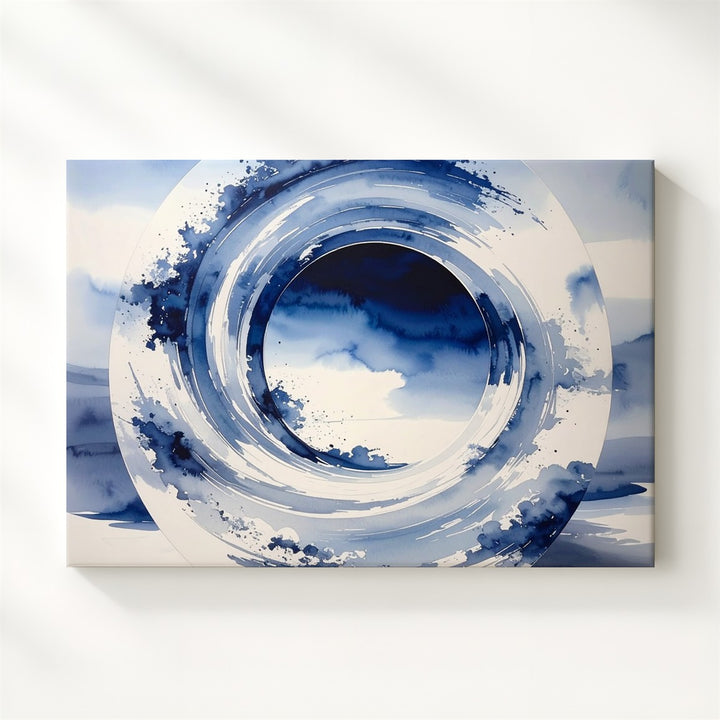 Indigo Enso Circle Canvas – Minimalist Zen Ink Brushstroke Art - Gifitto
