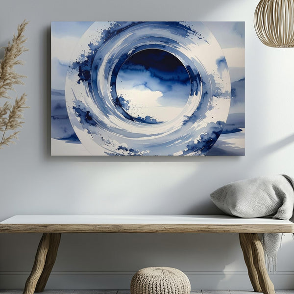 Indigo Enso Circle Canvas – Minimalist Zen Ink Brushstroke Art - Gifitto