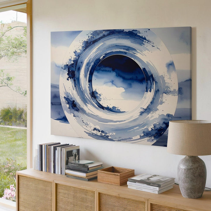 Indigo Enso Circle Canvas – Minimalist Zen Ink Brushstroke Art - Gifitto