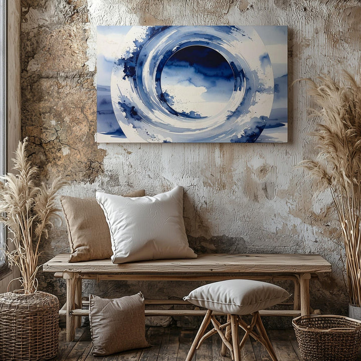 Indigo Enso Circle Canvas – Minimalist Zen Ink Brushstroke Art - Gifitto