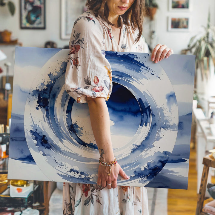 Indigo Enso Circle Canvas – Minimalist Zen Ink Brushstroke Art - Gifitto