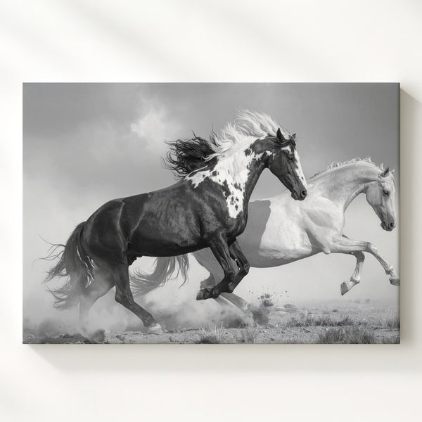 Monochrome Sprint Canvas – Black & White Horses in Motion - Gifitto