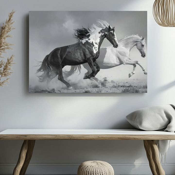 Monochrome Sprint Canvas – Black & White Horses in Motion - Gifitto