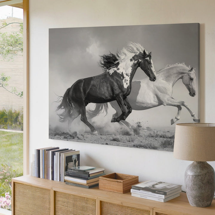 Monochrome Sprint Canvas – Black & White Horses in Motion - Gifitto