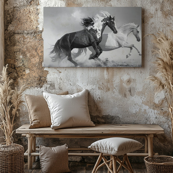 Monochrome Sprint Canvas – Black & White Horses in Motion - Gifitto