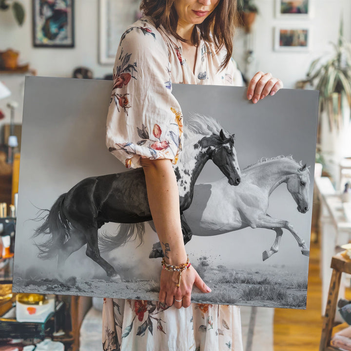 Monochrome Sprint Canvas – Black & White Horses in Motion - Gifitto