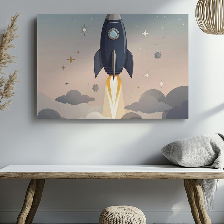 Whimsical Rocket Launch Canvas – Space Adventure Nursery Wall Art - Gifitto