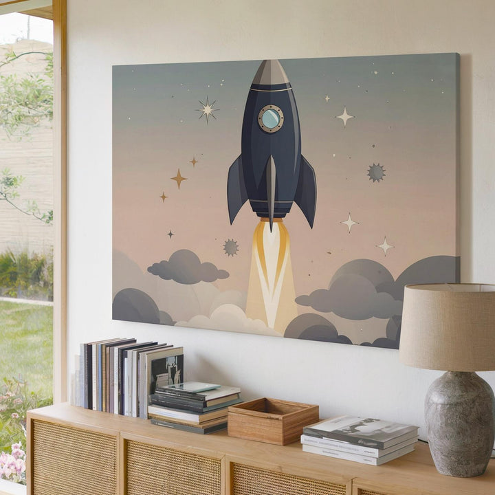Whimsical Rocket Launch Canvas – Space Adventure Nursery Wall Art - Gifitto