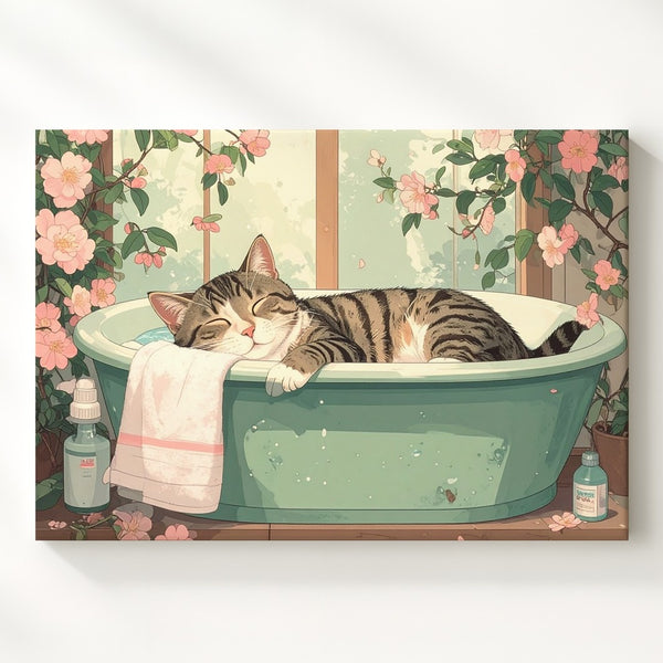 Pastel Tabby Cat in Washtub Canvas – Whimsical Bath Time Art - Gifitto