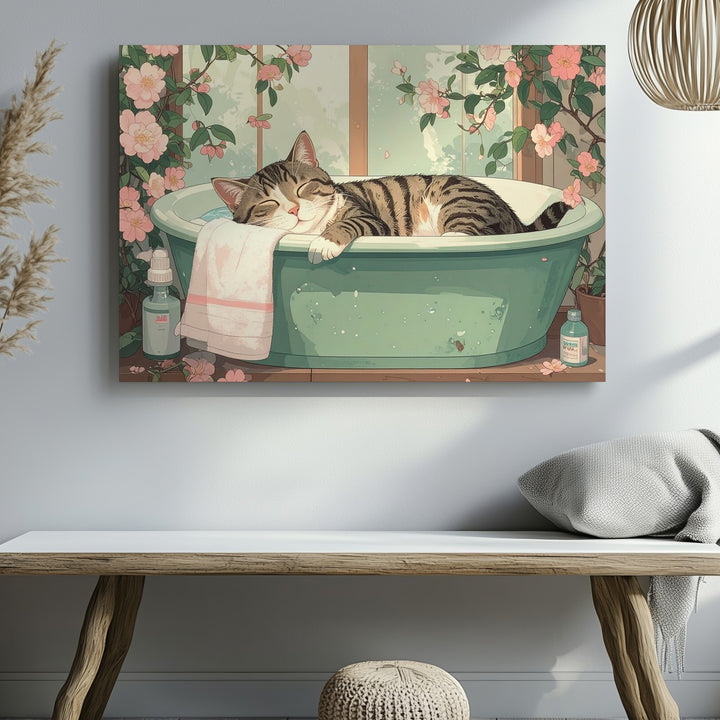 Pastel Tabby Cat in Washtub Canvas – Whimsical Bath Time Art - Gifitto