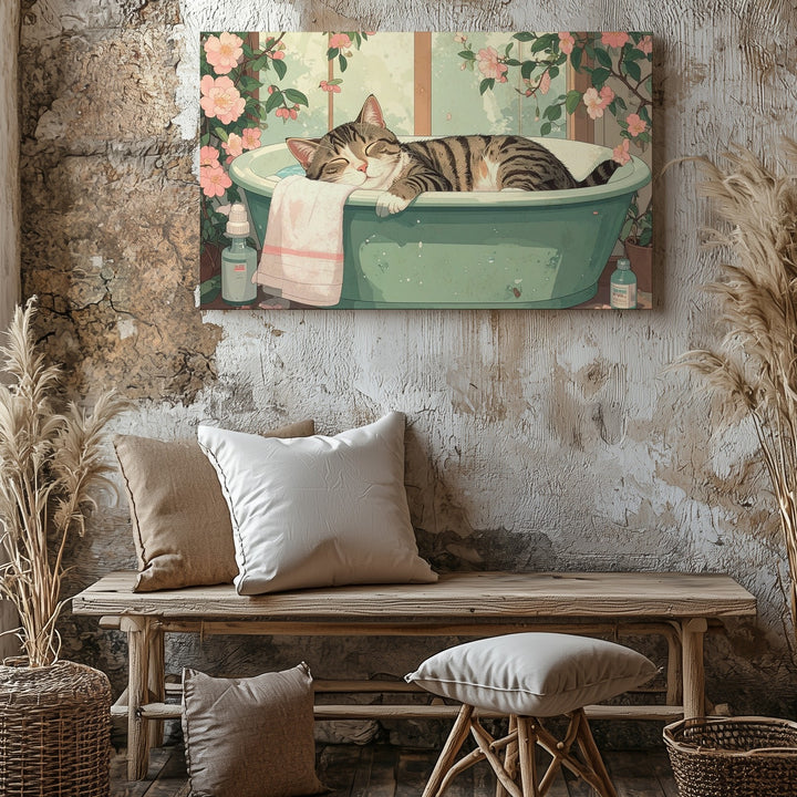 Pastel Tabby Cat in Washtub Canvas – Whimsical Bath Time Art - Gifitto