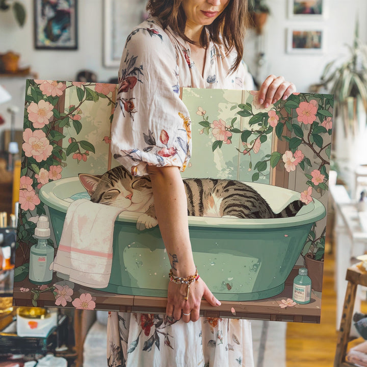 Pastel Tabby Cat in Washtub Canvas – Whimsical Bath Time Art - Gifitto