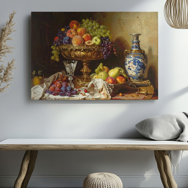 Golden Age Fruit Stand Canvas – Lavish Still Life with Baroque Elegance - Gifitto