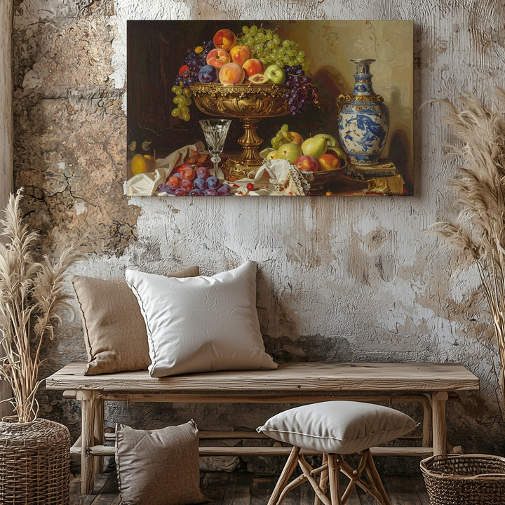 Golden Age Fruit Stand Canvas – Lavish Still Life with Baroque Elegance - Gifitto