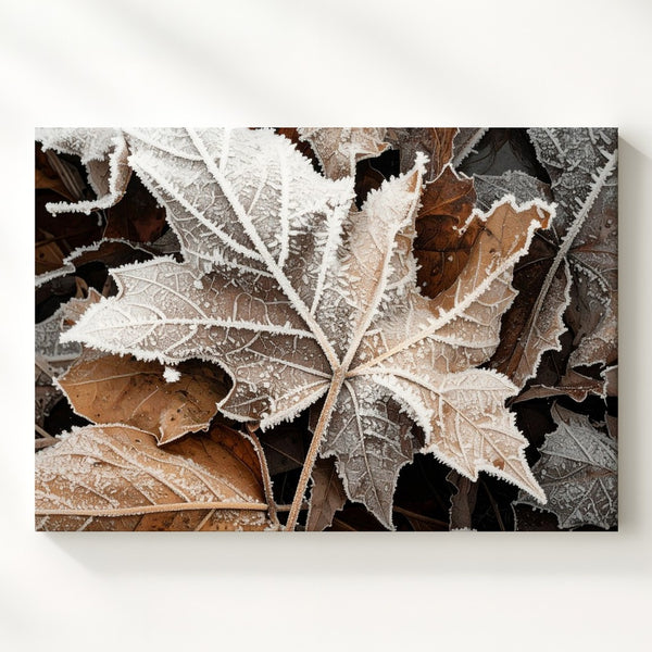 Frosted Maple Leaves Canvas – Autumn to Winter Nature Close-Up Wall Art