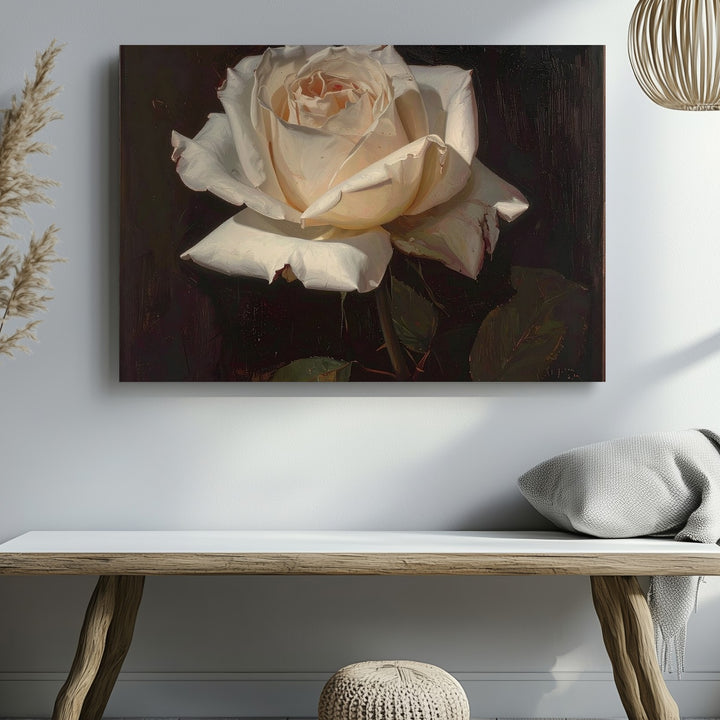White Rose in Shadow Canvas – Photorealistic Floral Oil Painting - Gifitto
