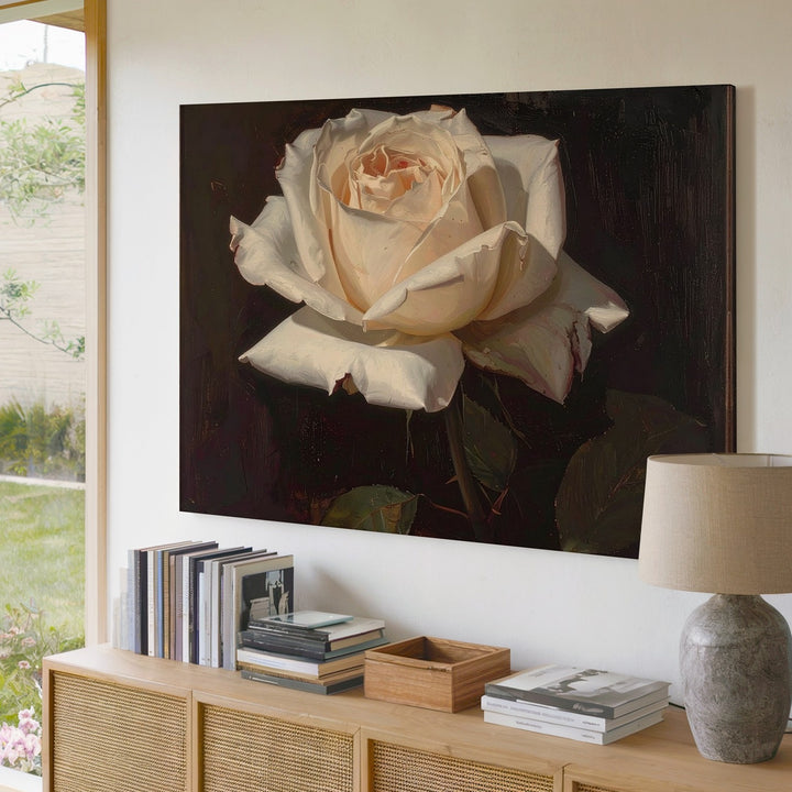 White Rose in Shadow Canvas – Photorealistic Floral Oil Painting - Gifitto