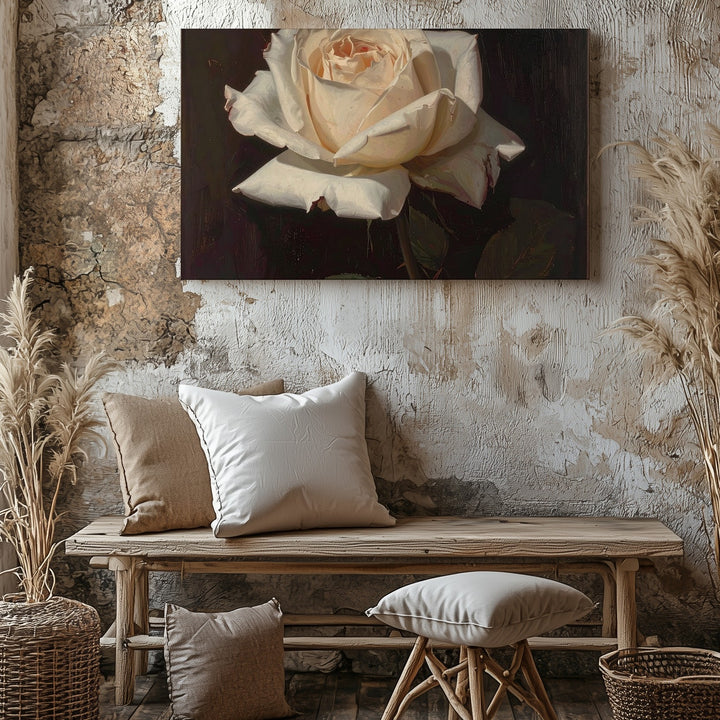 White Rose in Shadow Canvas – Photorealistic Floral Oil Painting - Gifitto