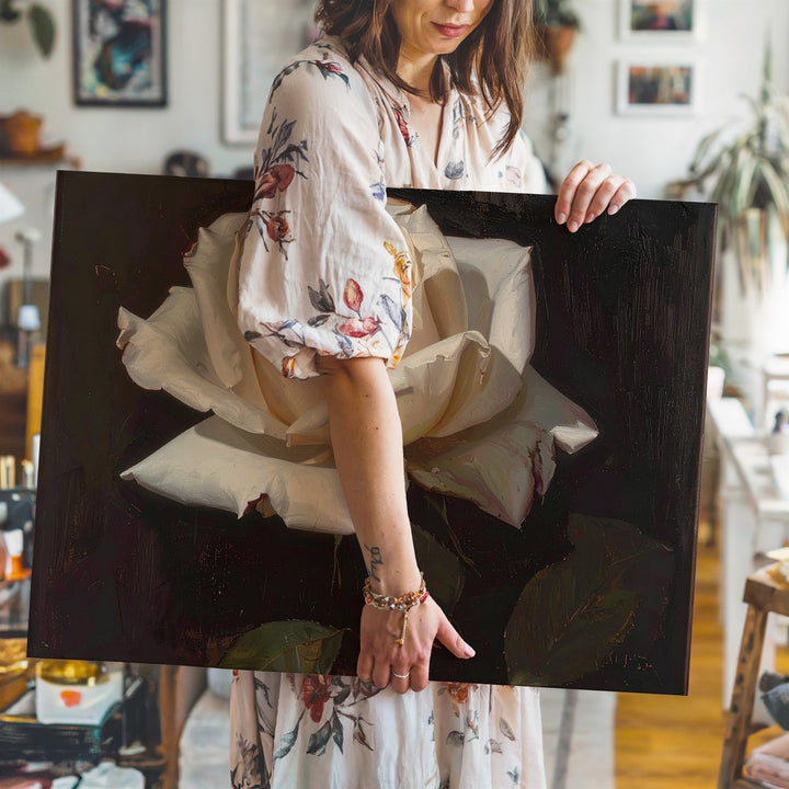 White Rose in Shadow Canvas – Photorealistic Floral Oil Painting - Gifitto